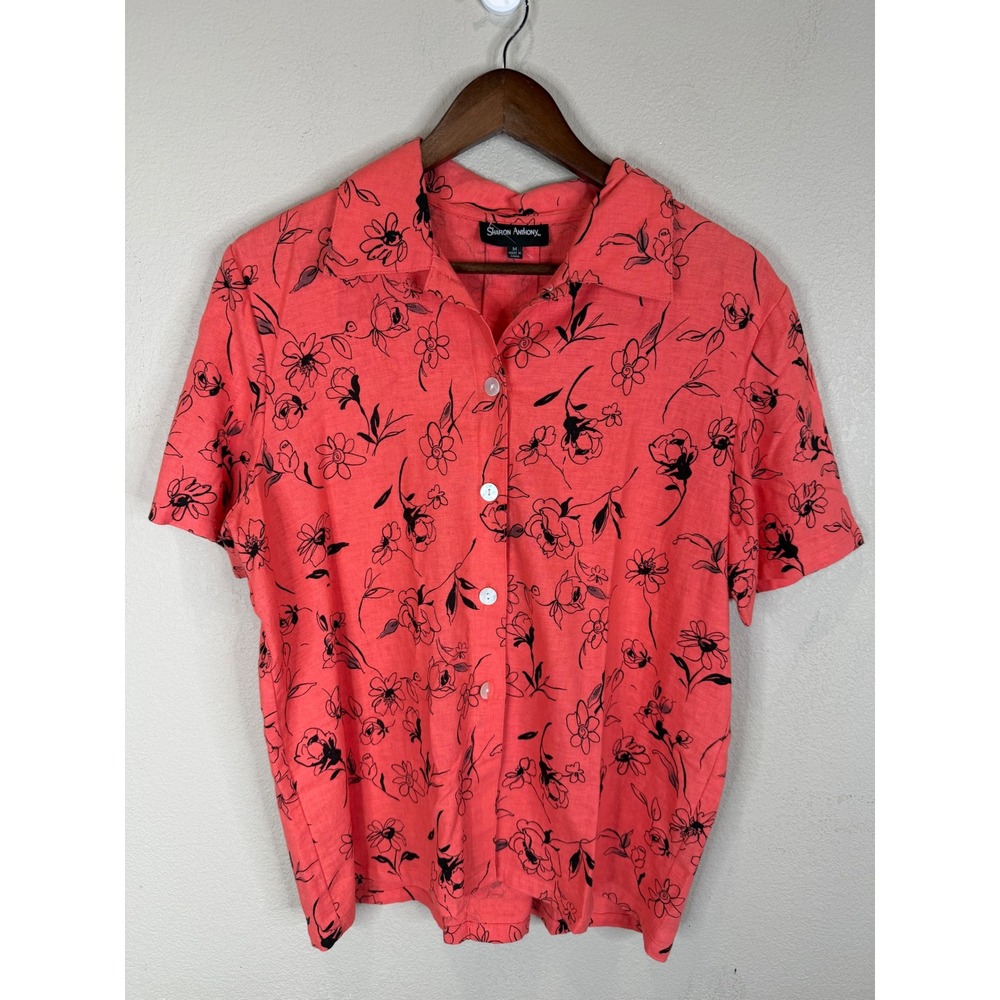 Sharon Anthony Coral Black Floral Linen Blend Button Front Blouse M